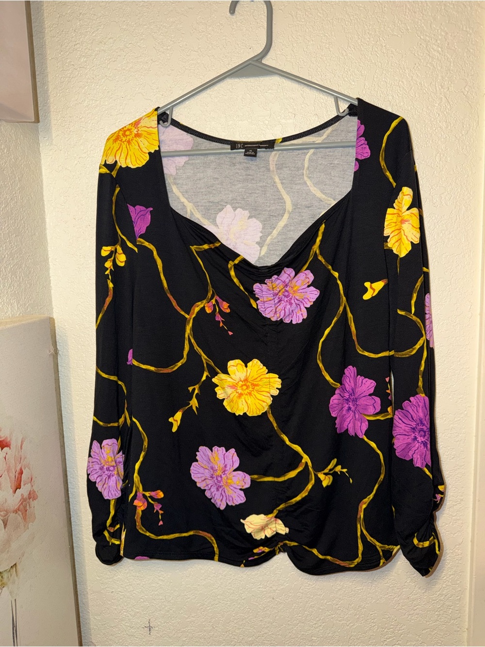 INC International Concepts Black Floral Cowl Neck Blouse